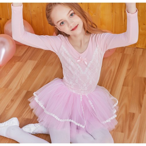 Children Pink lace tutu skirt ballet dance dresses for kids practice clothes with long sleeves Girls ballet tutu performance costume